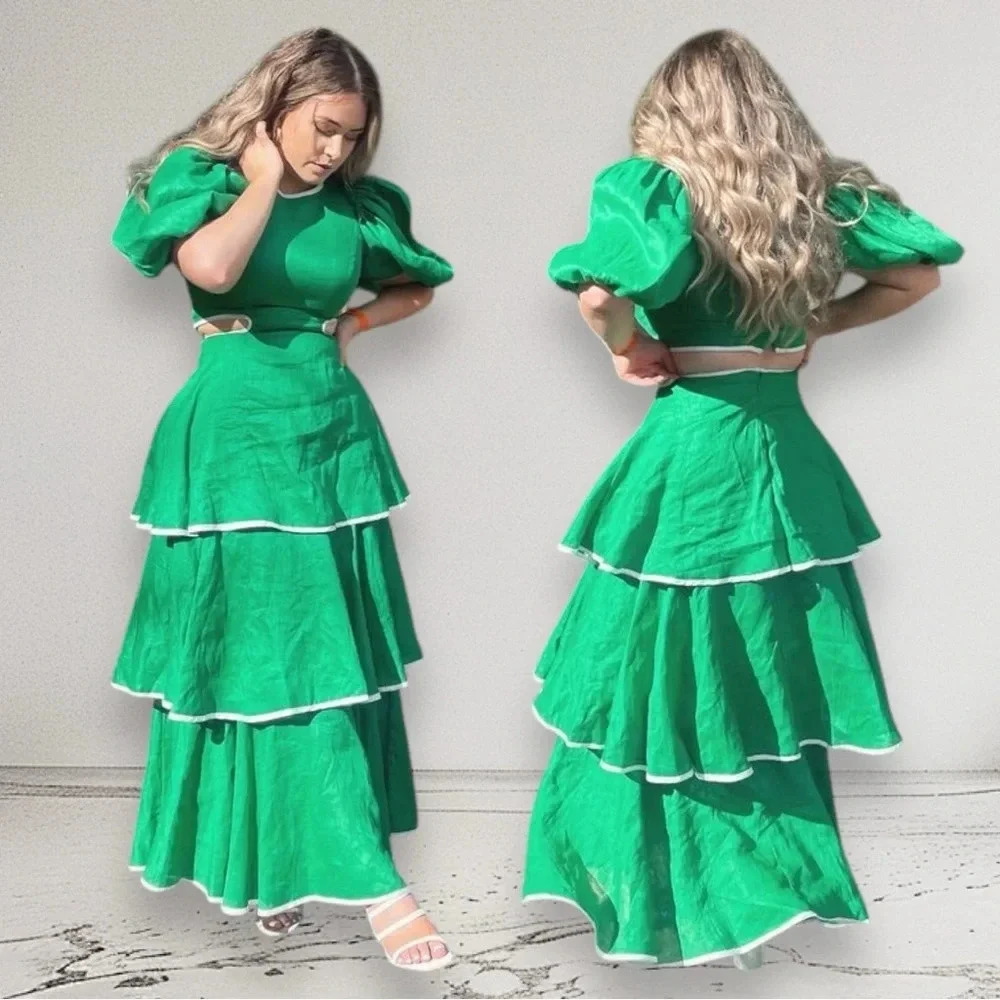 NWT MACKENZIEMODE Puff Sleeve Tiered Maxi Dress in Emerald Size 8 - Picture 16 of 16
